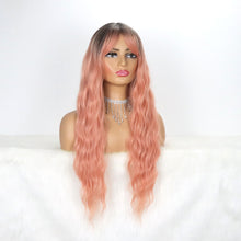 Load image into Gallery viewer, Long Ombre Pink Wigs for Women, Synthetic Dark Root Natural Looking Wig with Bang 26 Inches