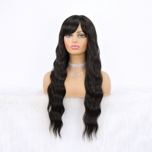 Load image into Gallery viewer, Natural Black Long Wavy Wig with Bangs Synthetic Wig