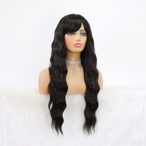 Natural Black Long Wavy Wig with Bangs Synthetic Wig