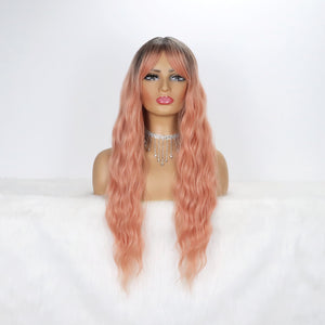 Long Ombre Pink Wigs for Women, Synthetic Dark Root Natural Looking Wig with Bang 26 Inches