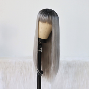 Silver Long Straight Wig with Bangs Synthetic Wig